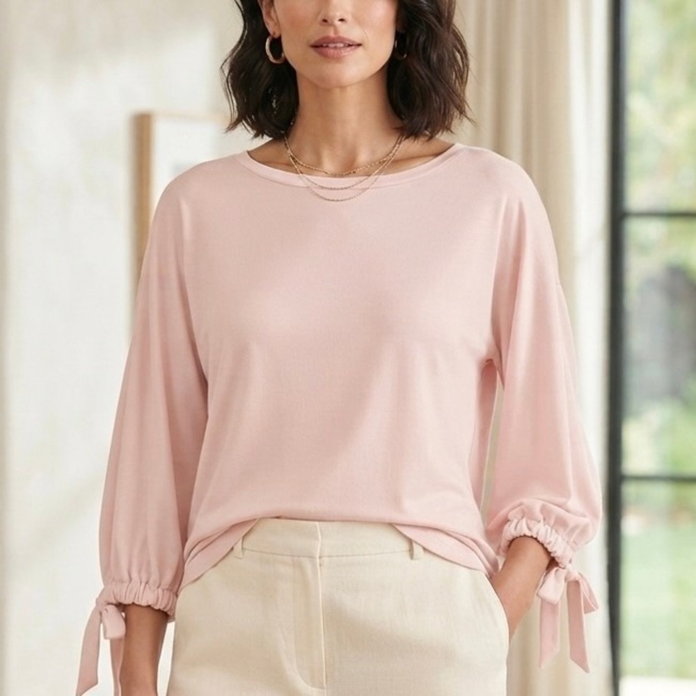 NWOT Ann Taylor Petite Pink Tie Sleeve Knit Top Blouse 3/4 Puff Sleeve Boat Neck